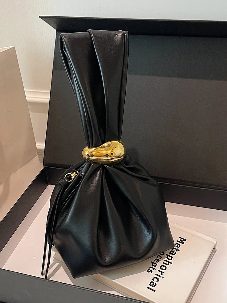Soft Leather Pleated Mini Bucket Pouch Bag