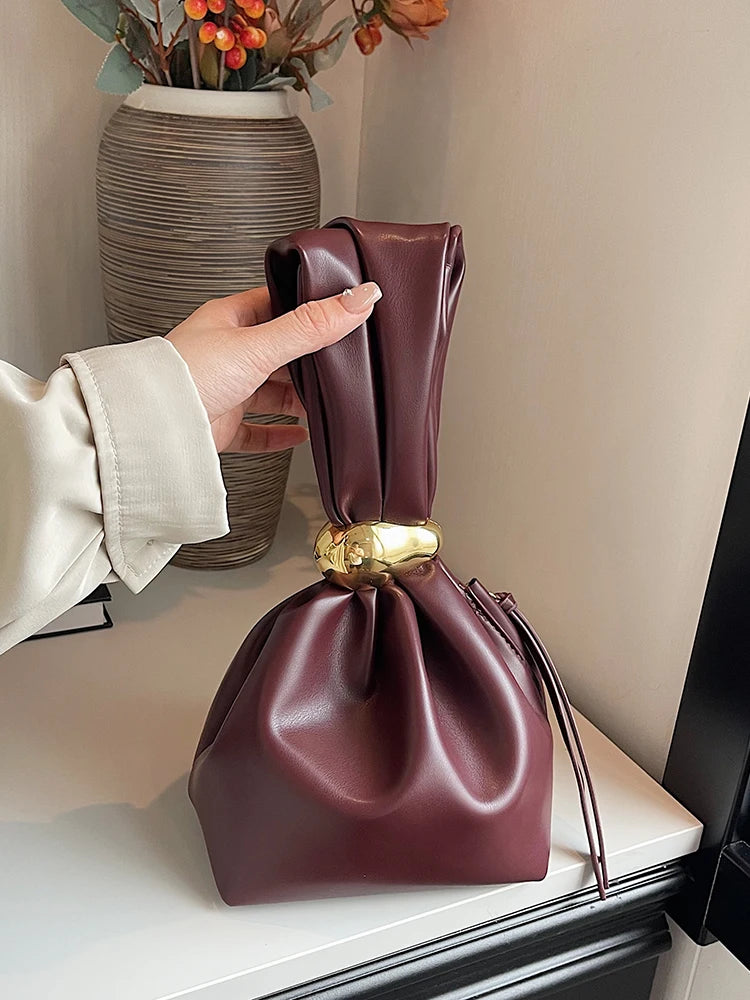 Soft Leather Pleated Mini Bucket Pouch Bag