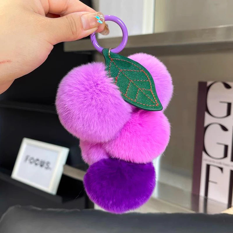 Lovely Grape Fluffy Pompoms Keychain