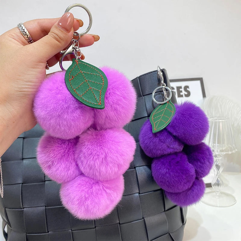 Lovely Grape Fluffy Pompoms Keychain
