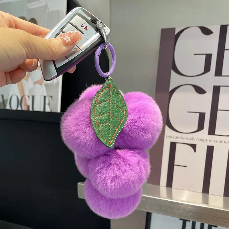 Lovely Grape Fluffy Pompoms Keychain