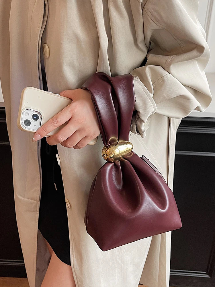 Soft Leather Pleated Mini Bucket Pouch Bag
