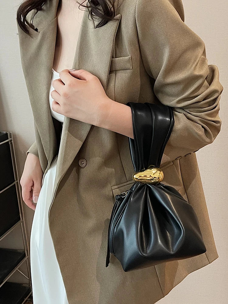 Soft Leather Pleated Mini Bucket Pouch Bag