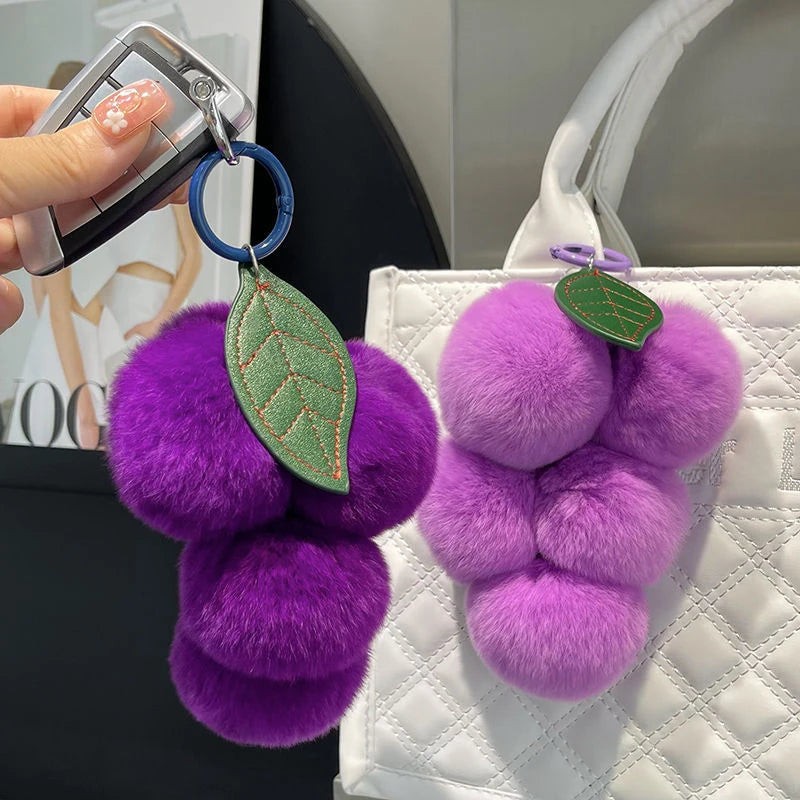 Lovely Grape Fluffy Pompoms Keychain