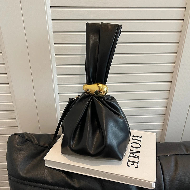 Soft Leather Pleated Mini Bucket Pouch Bag
