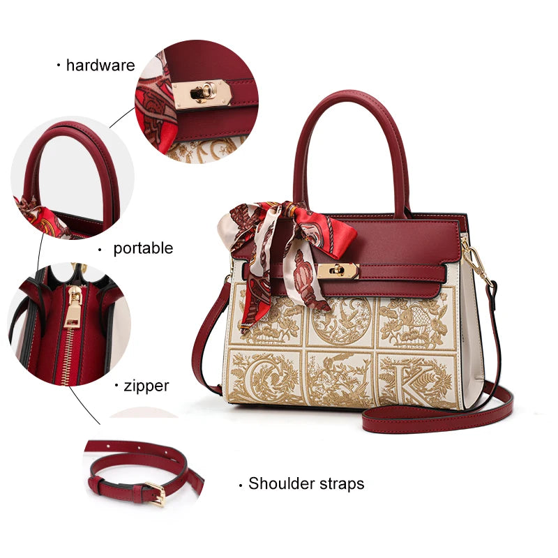 A large capacity cowhide handbag with exquisite embroidery technology