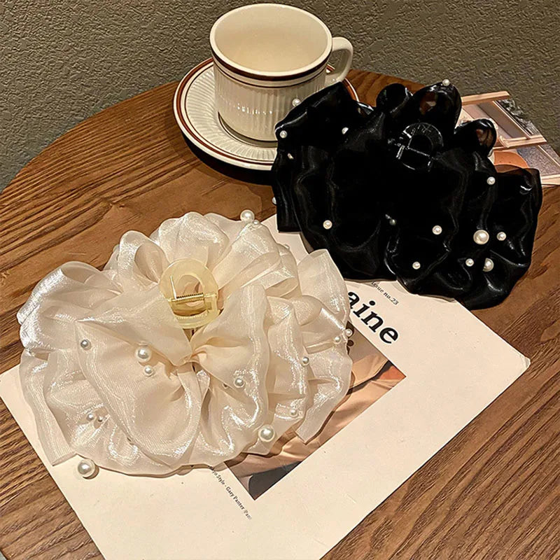 Sweet Pearls Big Bow Hair Claw Clips
