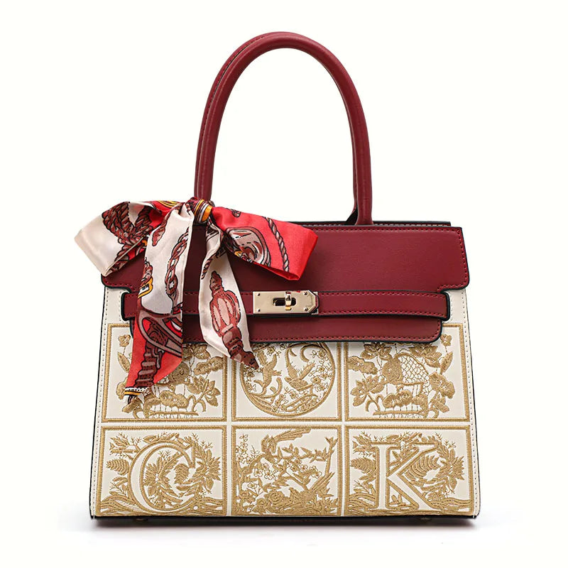 A large capacity cowhide handbag with exquisite embroidery technology