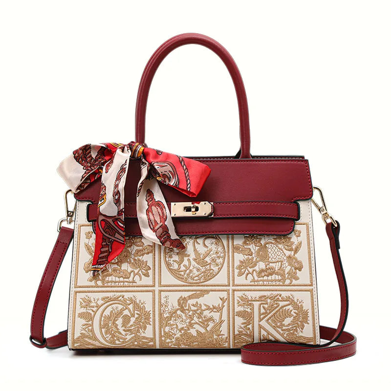 A large capacity cowhide handbag with exquisite embroidery technology