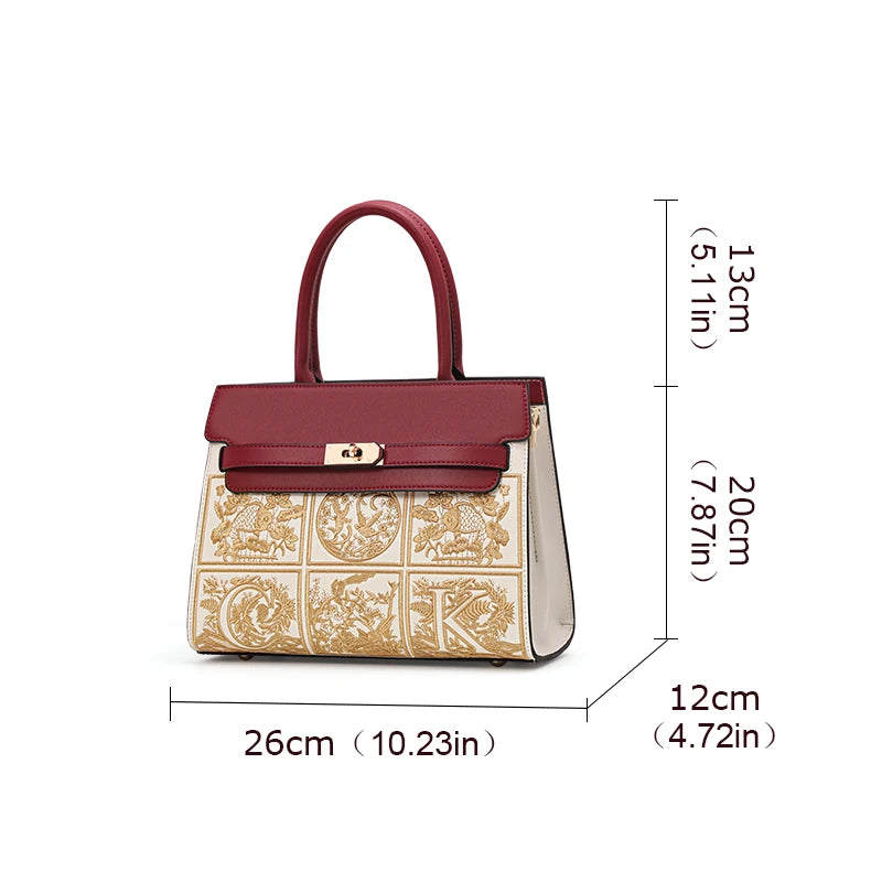 A large capacity cowhide handbag with exquisite embroidery technology