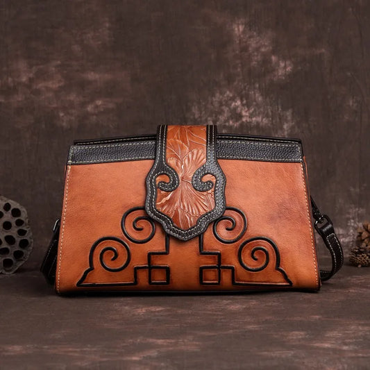 Vintage leather-embossed. A classic cowhide shoulder bag